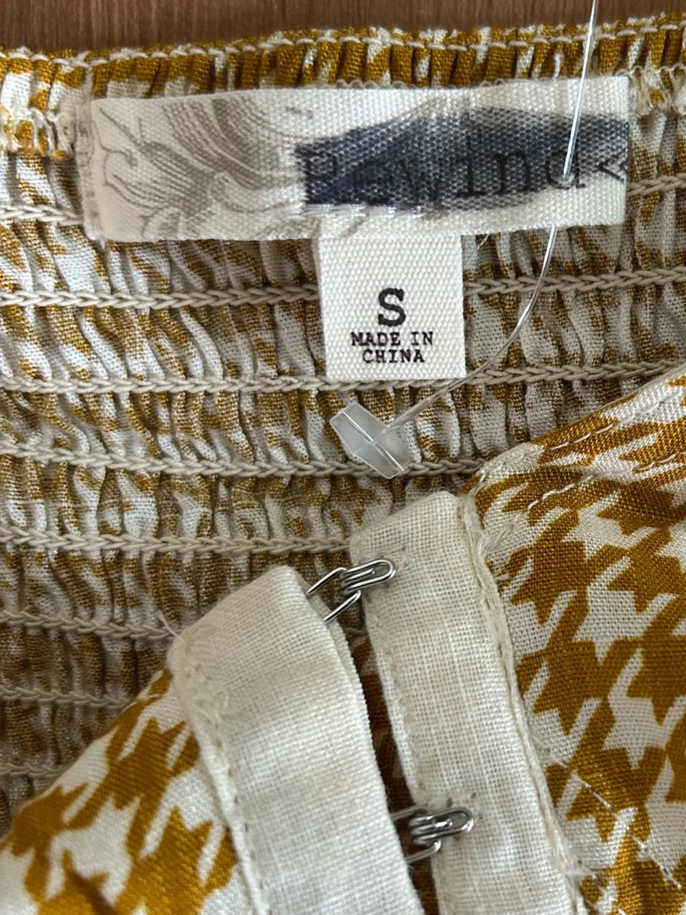 Rewind Mustard and White Houndstooth Sweetheart Blouse with Smocked Back